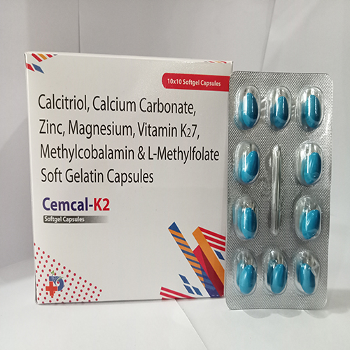 Product Name: Cemcal K2, Compositions of Cemcal K2 are Calcitriol, Calcium Carbonate Zinc, Magnesium, Vitamin K2 7, Methylcobalamin & L-Methylfolate Soft Gelatin Capsules - Paraskind Healthcare