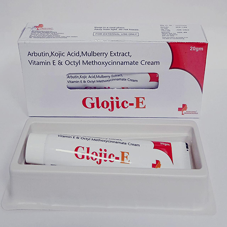Product Name: Glojic E, Compositions of Glojic E are Arbutin,Kojic Acid Mulberry Extract,Vitamin E & Octyl Methoxycinnamate Cream - Ronish Bioceuticals
