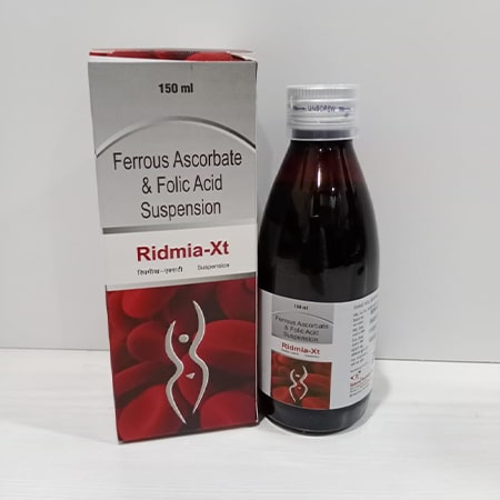 Product Name: Ridmia XT, Compositions of Ridmia XT are Ferrous Ascrobate & Folic Acid Suspension - Soinsvie Pharmacia Pvt. Ltd