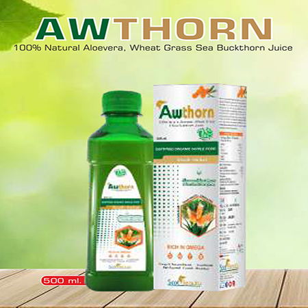 Product Name: Awthorn, Compositions of Awthorn are 100% Natural Aloevera,Wheat Grass Sea Buckthorn Juice - Scothuman Lifesciences