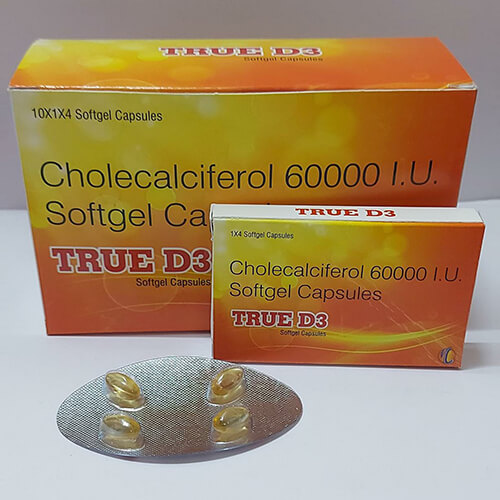 Product Name: True D3, Compositions of True D3 are Cholecalciferol 60,000 IU Softgel Capsules - Macro Labs Pvt Ltd
