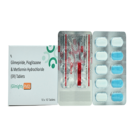 Product Name: GLIMIGHTY PM2, Compositions of GLIMIGHTY PM2 are Glimeperidone, Pioglitazone & Metformin HCL (ER) Tablets - Cista Medicorp
