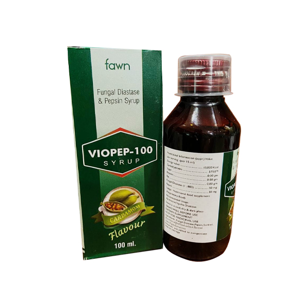 Product Name: VIOPEP 100, Compositions of Fungal Diastase & Papain Syp – Digestive Enzyme, Saunf Cardamom are Fungal Diastase & Papain Syp – Digestive Enzyme, Saunf Cardamom - Fawn Incorporation