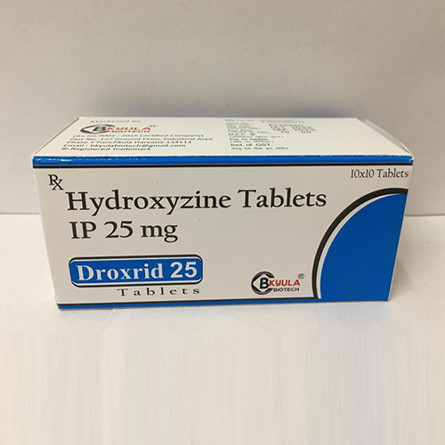 Product Name: Droxrid 25, Compositions of Hydroxyzine Tablets IP 25 mg are Hydroxyzine Tablets IP 25 mg - Bkyula Biotech