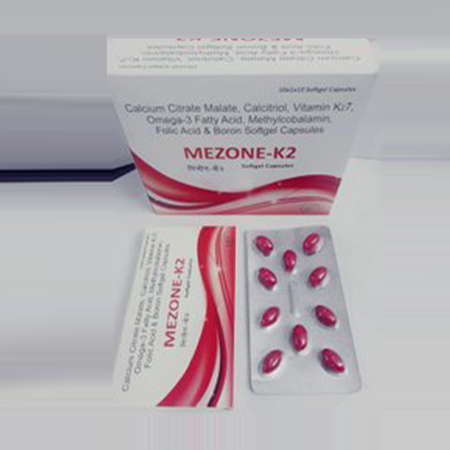 Product Name: Mezone K2, Compositions of Mezone K2 are Calcium Citrate Maleate Calcitriol VItamin K2 7, Zinc Sulphate & Boron Capsules - Oreo Healthcare