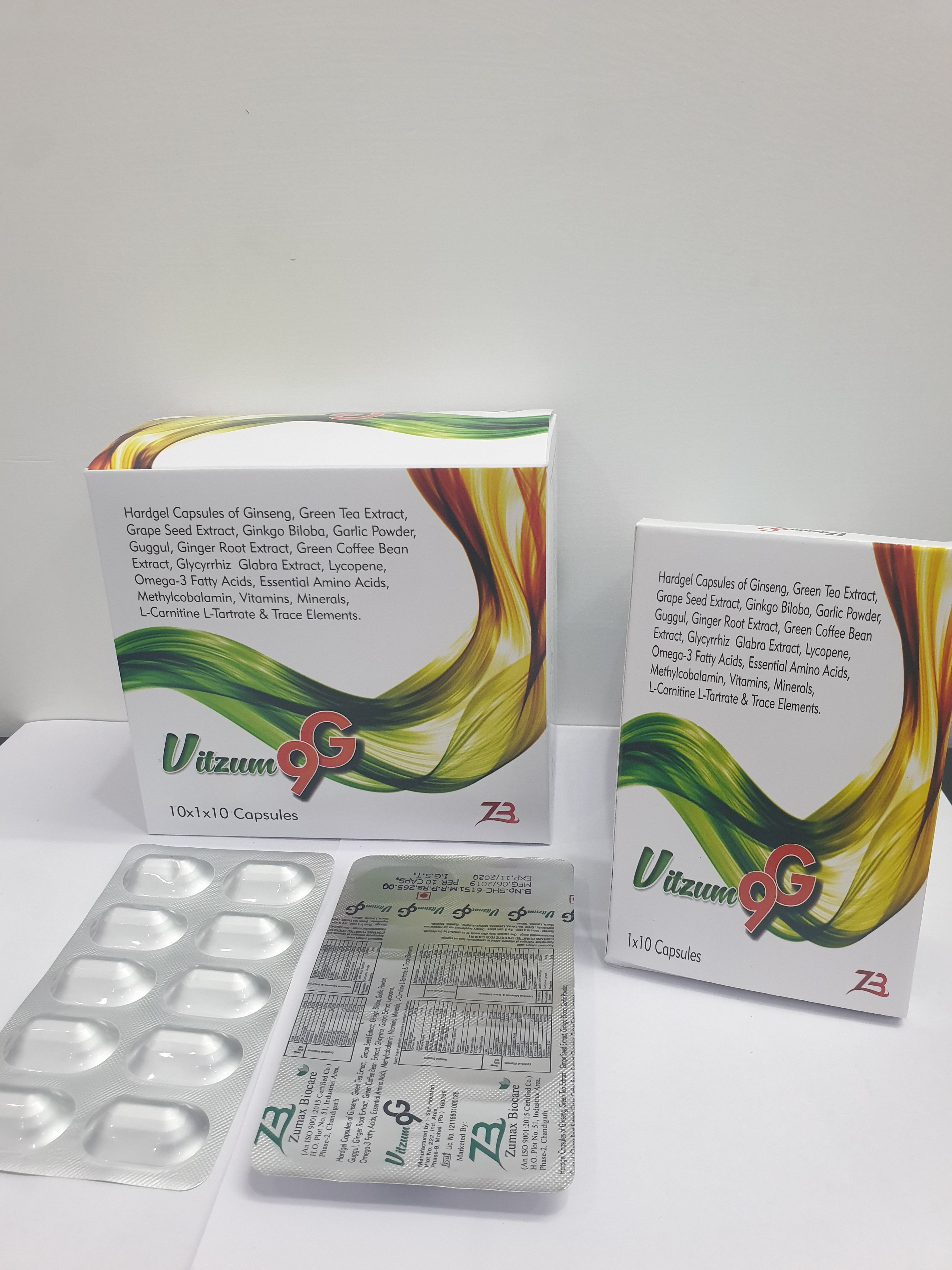 Product Name: Vitzum 9G, Compositions of Hardgel Capsules of  Ginseng , Green Tea Extract, Grape Seed Extract , Ginkgo Biloba. Ginger Powder  Guggul,Ginger Root Extract,Green Coffee Bean Extract, Glycyrrhiz Glabra Extract,Lycopene Omega-3  Fatty Acids, Essential Ami are Hardgel Capsules of  Ginseng , Green Tea Extract, Grape Seed Extract , Ginkgo Biloba. Ginger Powder  Guggul,Ginger Root Extract,Green Coffee Bean Extract, Glycyrrhiz Glabra Extract,Lycopene Omega-3  Fatty Acids, Essential Ami - Zumax Biocare