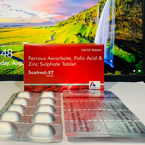 Product Name: Scotred XT, Compositions of Scotred XT are Ferrous Ascrobate, Folic Acid & Zinc Sulphate Tablet - Adenscot Healthcare Pvt. Ltd.