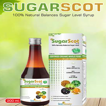 Product Name: Sugarscot, Compositions of Sugarscot are 100% Natural Balances Sugar Level Syrup - Scothuman Lifesciences