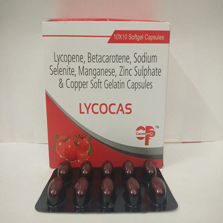 Product Name: Lycocas, Compositions of Lycocas are Lycopene , Betacartene, Sodium Selenite , Maganese, Zinc Sulphate & Copper Soft Gelatin Capsules - Cassopeia Pharmaceutical Pvt Ltd
