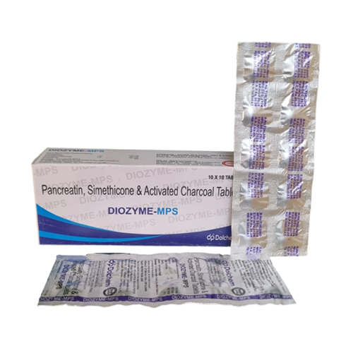 Product Name: DIOZYME MPS, Compositions of DIOZYME MPS are Pancreatin, Simethicone & Activated Charcoal Tablets - Dolchem Pharmaceuticals Private Limited