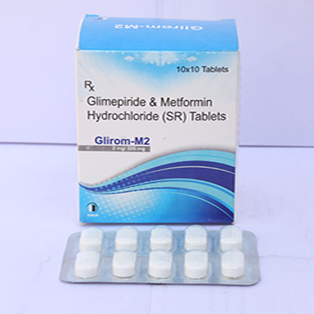 Product Name: Glirom M2, Compositions of Glirom M2 are Glimepiride & Metformin Hydrochloride (SR) Tablets - Eviza Biotech Pvt. Ltd