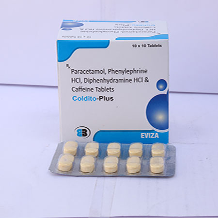 Product Name: Coldito Plus, Compositions of Coldito Plus are Paracetamol Phenylephrine Hci Diphenhydramine Hci & Caffeine Tablets - Eviza Biotech Pvt. Ltd