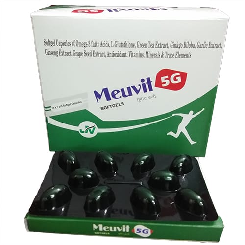 Product Name: MEUVIT 5G Softgel Capsules, Compositions of MEUVIT 5G Softgel Capsules are Soft Gelatin Capsule of Omega-3 Fatty Acid  - L-Glutathione  - Green Tea Extract  - Ginkgo Biloba - JV Healthcare