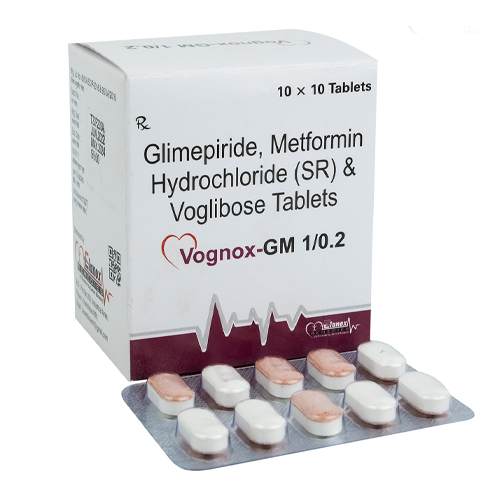 Product Name: VognoxGM 102, Compositions of VognoxGM 102 are Glimepiride, Metformin Hydrochloride (SR) & Voglibose Tablets - Senen Biotech