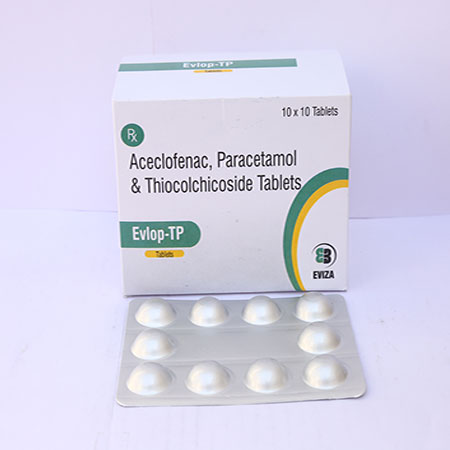 Product Name: Evlop TP, Compositions of Evlop TP are Aceclofenac, Paracetamol and Thiocolchicoside Tablets - Eviza Biotech Pvt. Ltd