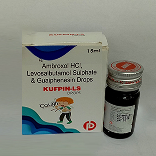 Product Name: Kufpin LS Syrup, Compositions of Kufpin LS Syrup are Ambroxol HCI, Levosalbutamol Sulphate & Guaiphenesin Drops - Pinamed Drugs Private Limited