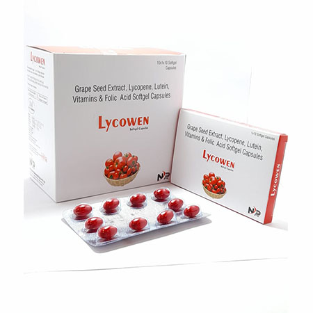 Product Name: Lycowen, Compositions of Lycowen are Grape seed Extract Lycopene,Lutien,Vitamins & Methylcobalamin Folic Acid Softgel Capsules - Noxxon Pharmaceuticals Private Limited