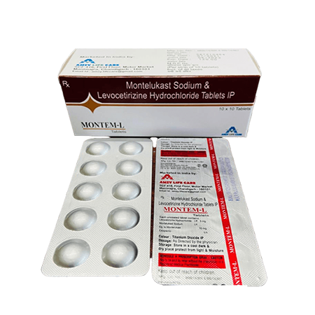 Product Name: Montem L, Compositions of Montem L are Montelukast Sodium & Levocetrizine Hydrocchloride Tablets IP - Amzy Life Care
