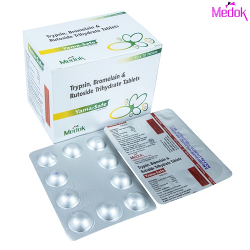 Product Name: Yama Safe, Compositions of Yama Safe are Trypsin bromelain & rutoside trihydrate tablets - Medok Life Sciences Pvt. Ltd