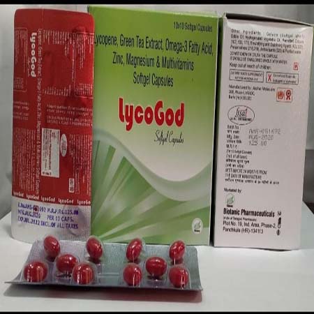 Product Name: LycoGod, Compositions of LycoGod are Lycopene Green Tea Extract,Omega-3 Fatty Acid,Zinc,Magnesium & Multivitamins Softgel Capsules  - Biotanic Pharmaceuticals