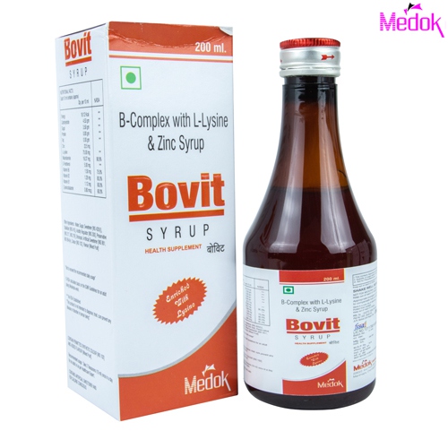 Product Name: Bovit, Compositions of Bovit are B complex with l lysine & zinc syrup - Medok Life Sciences Pvt. Ltd