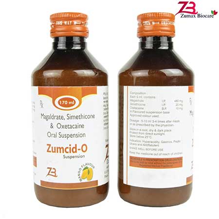 Product Name: Zumcid O, Compositions of Zumcid O are magaldrate and simethicone Oxetacaine oral suspension - Zumax Biocare