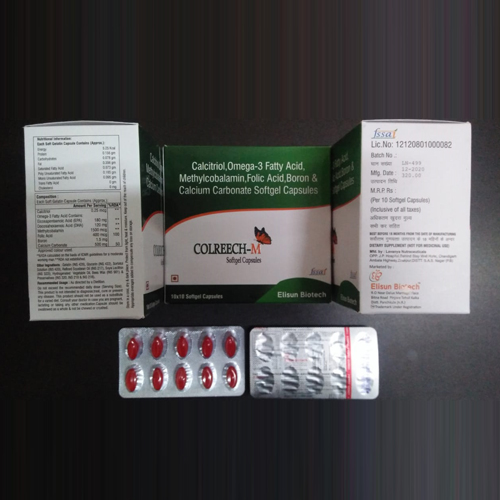 Product Name: Caalreech m, Compositions of Caalreech m are Calcitriol, Omega 3 Fatty Acid, Methylcobalamin Folic Acid, Boron & Calcium Carbonate Softgel Capsules - Elisun Biotech