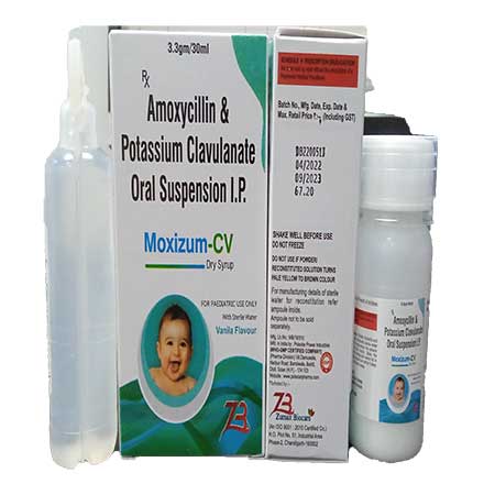 Product Name: Moxizum CV, Compositions of Moxizum CV are Amoxicillin & Potassium Clavulanate Oral Suspension I.P. - Zumax Biocare