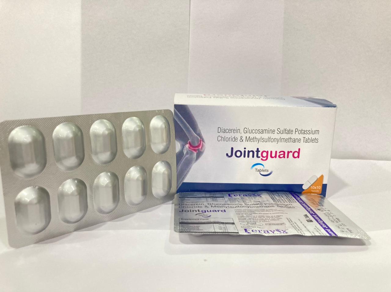 Product Name: JOINTGUARD TAB, Compositions of JOINTGUARD TAB are Diacerein IP 50 mg, Glucosamine Sulphate Potassium Chloride usp 750 mg Eq. to Glucosamine 446 mg, Methylsulfonylmethane 250 mg - Feravix Lifesciences