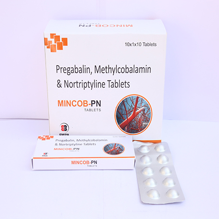Product Name: Mincob PN, Compositions of Mincob PN are Pregabalin, Methylcobalamin & Nortriptyline Tablets - Eviza Biotech Pvt. Ltd