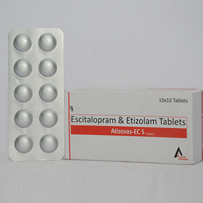 Product Name: ATIZOVAS EC 5, Compositions of ATIZOVAS EC 5 are Escitalopram & Etizolam Tablets - Alencure Biotech Pvt Ltd