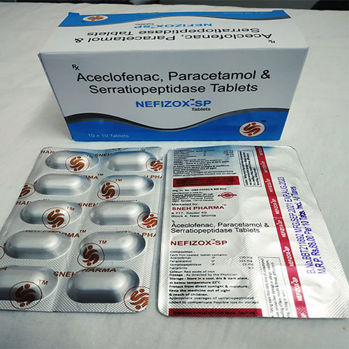 Product Name: Nefizox SP, Compositions of Aceclofenac, Paracetamol & Serraatiopeptidase are Aceclofenac, Paracetamol & Serraatiopeptidase - Sneh Pharma Private Limited