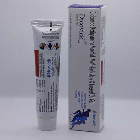Product Name: Dicovick, Compositions of Dicovick are Diclofenac Diethylamine, Methyl Salicylate, Linseed Oil & Menthol Gel - Norvick Lifesciences