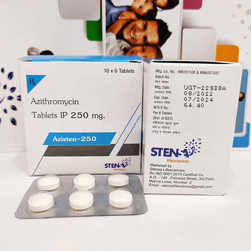 Product Name: AZISTEN 250, Compositions of AZISTEN 250 are Azithromycin Tablets IP 250 mg. - Stensa Lifesciences
