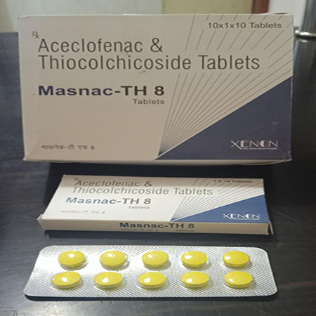 Product Name: Masnac Th 8, Compositions of Masnac Th 8 are Aceclofenac & Thiocolchicoside Tablets - Xenon Pharma Pvt. Ltd