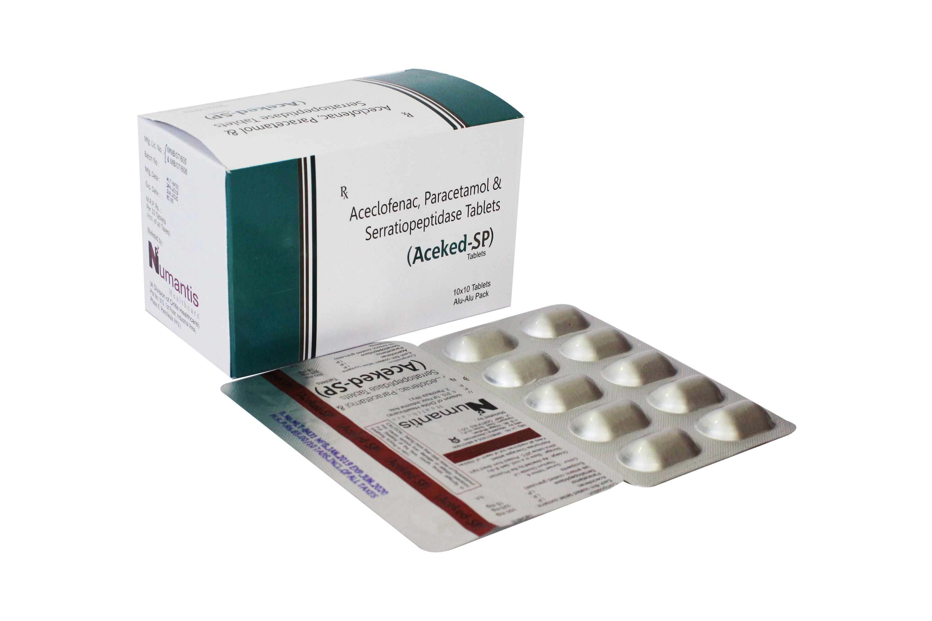 Product Name: Aceked SP, Compositions of Aceked SP are Aceclofenac & Paracetamol Serratiopeptidase Tablets - Numantis Healthcare