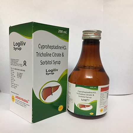 Product Name: LOGILIV, Compositions of LOGILIV are Cyproheptadine HCL, Tricholine Citrate & Sorbitol Syrup - Apikos Pharma