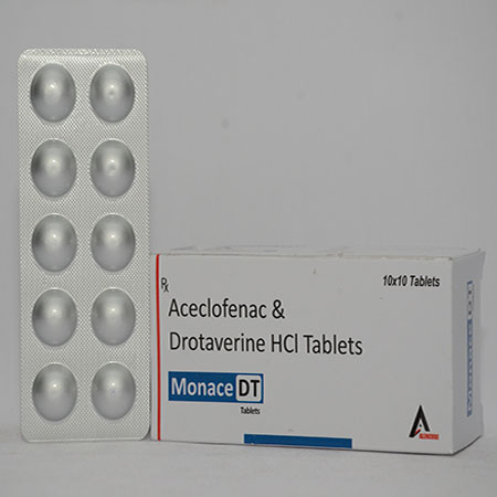 Product Name: MONACE DT, Compositions of MONACE DT are Aeclofenac & Drotaverine HCL Tablets - Alencure Biotech Pvt Ltd