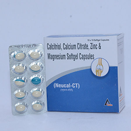 Product Name: Neucal CT, Compositions of Neucal CT are Calcitriol, Calcium Citrate, Zinc & Magnesium Softgel Capsules - Alencure Biotech Pvt Ltd