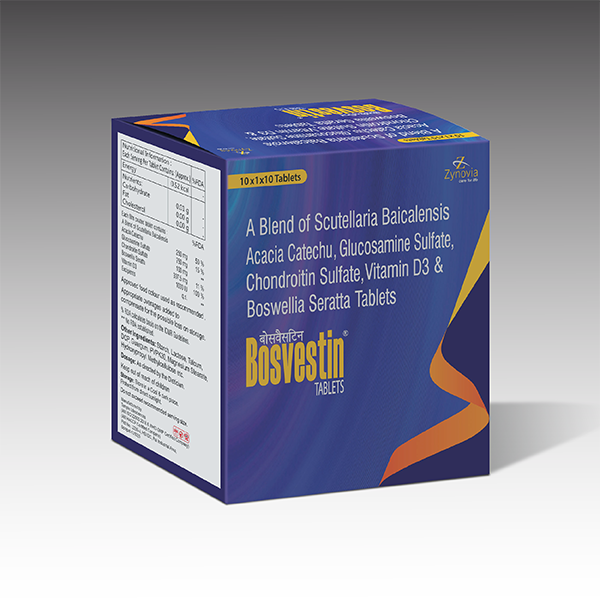Product Name: Bosvestin, Compositions of Bosvestin are A Blend of Scutellaria Baicalensis Acacia Catechu, Glucosamine Sulfate, Chondroitin Sulfate, Vitamin D3 & Boswellia Seratta Tablets - Zynovia Lifecare