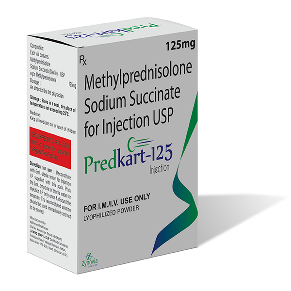 Product Name: predkart 125, Compositions of predkart 125 are Methylprednisolone sodium succinate for Injection USP - Zynovia Lifecare