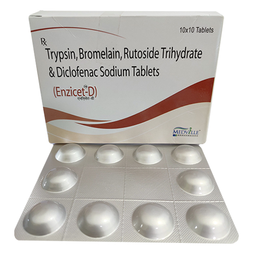 Product Name: Enciset D, Compositions of Enciset D are trypsin, Bromelain, Rutoside Trihydrate & Diclofenac Sodium Tablets - Medville Healthcare