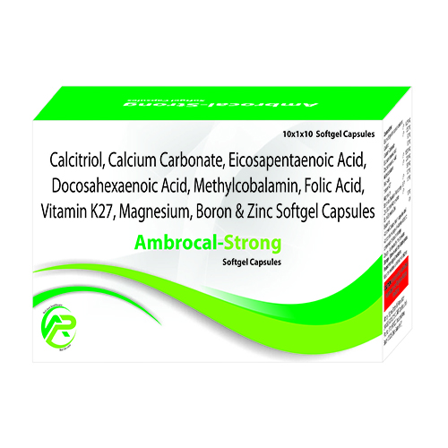 Product Name: Ambrocal Strong, Compositions of Ambrocal Strong are Calcitrol,Calcium Carbonate,Eicosapentaenoic Acid,Docosahexaenoic,Methylcobalamin,Folic Acid,Vitamin K27,Zinc Magnesium,Boron & Zinc Soft Gelatin Capsules - Ambrosia Pharma