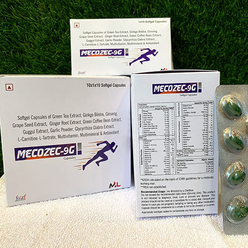 Product Name: Mecozec 9G, Compositions of Mecozec 9G are Softgel Capsules Of Green Tea Extract,Ginkgo Biloba,ginseng,grape Seed Extract,Ginger Root Extract,Green Coffee Extract,Guggle Extract,Garlic Powder,Glycyrrhizza Glabra Extract,L-Carnitine L-Tartrate,Multivitamis,Multimineral - Medizec Laboratories