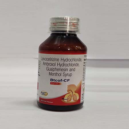 Product Name: Btcof CF, Compositions of Btcof CF are Levocetirizine Hydrochloride,Ambroxol Hydrochloride Guaiphenesin and Menthol Syrup - Biotanic Pharmaceuticals