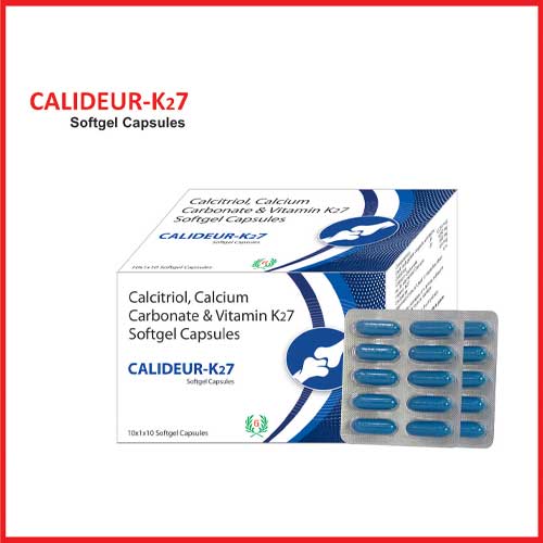 Product Name: Calideur  K27, Compositions of Calideur  K27 are Calcitrol,Calcium Carbonate & Vitamin K27  Softgel Capsules - Greef Formulations