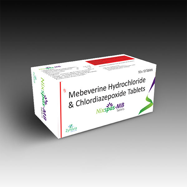 Product Name: Nixspas MB, Compositions of Nixspas MB are Mebeverine Hydrochloride & Chlordiazepoxide Tablets - Zynovia Lifecare