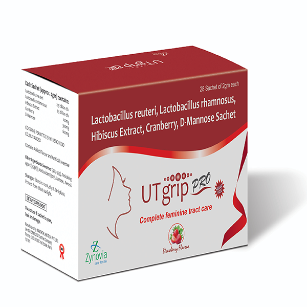 Product Name: UT grip Pro, Compositions of UT grip Pro are Lactobacillus reuteri, Lactobacillus rhamnosus, Hibiscus Extract, Cranberry, D-Mannose Sachet - Zynovia Lifecare