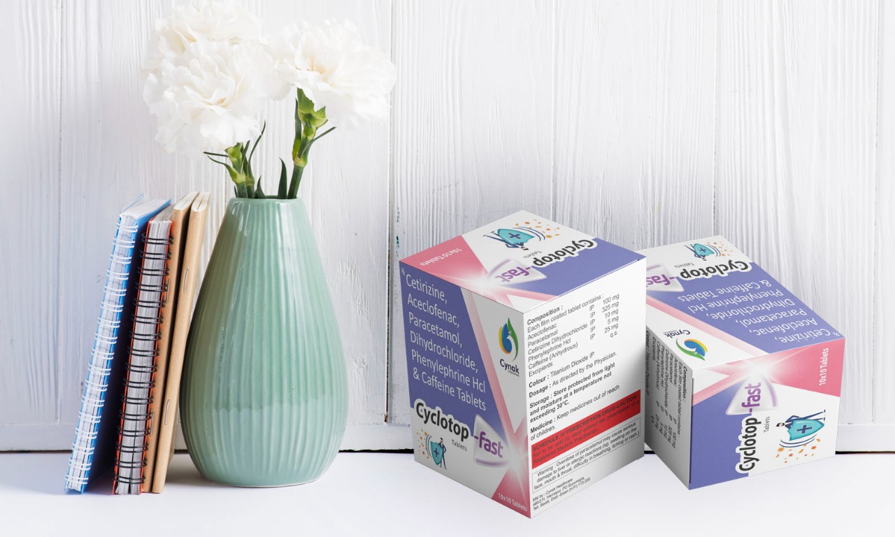 Product Name: CYCLOTOP FAST, Compositions of CYCLOTOP FAST are cetirizine , aceclofenac, paracetamol, dihydrochloride, phenylephrine hcl and caffeine  - Cynak Healthcare