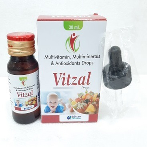 Product Name: VITZAL DROPS, Compositions of VITZAL DROPS are Multivitamin, Multimineral s & Antioxidants Drops - Biostem Pharma Pvt Ltd